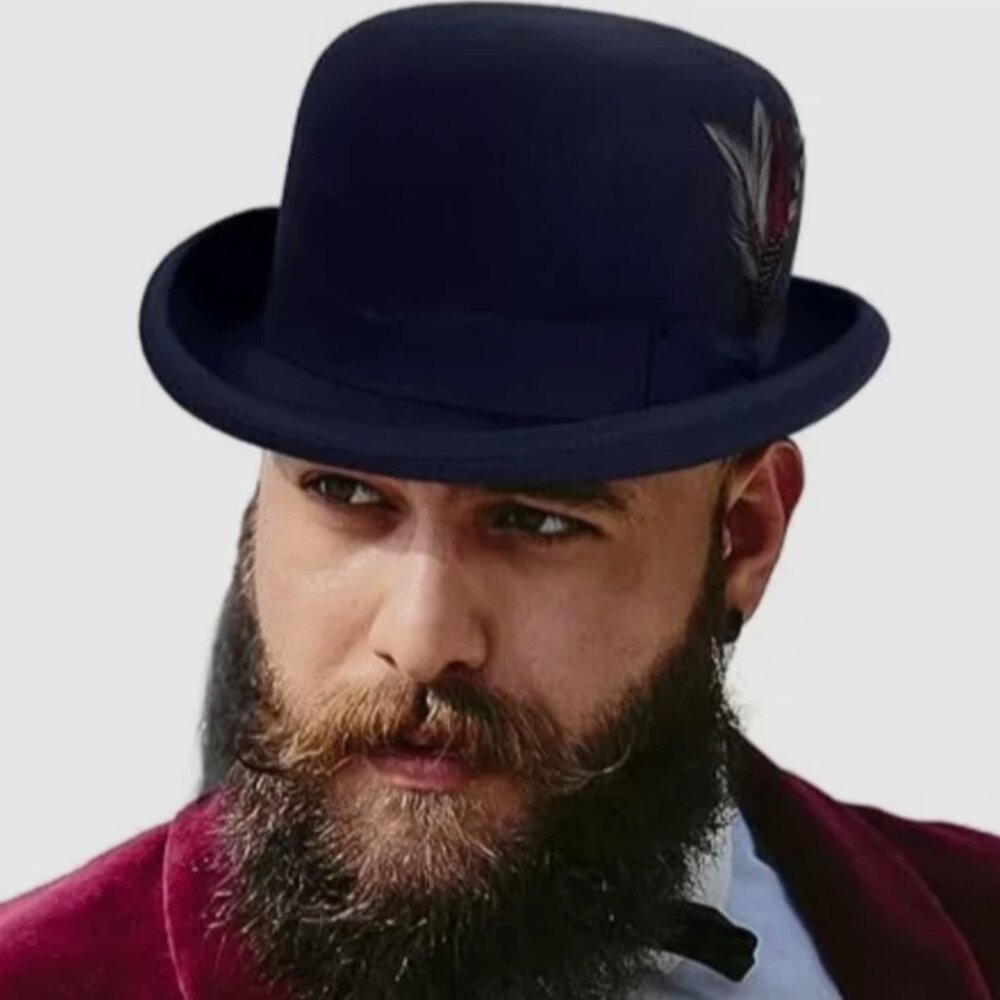 MEN'S NAVY BLUE BOWLER WOOL DERBY HAT BY KENNY K- WITH FEATHER HATBAND (NEW) M